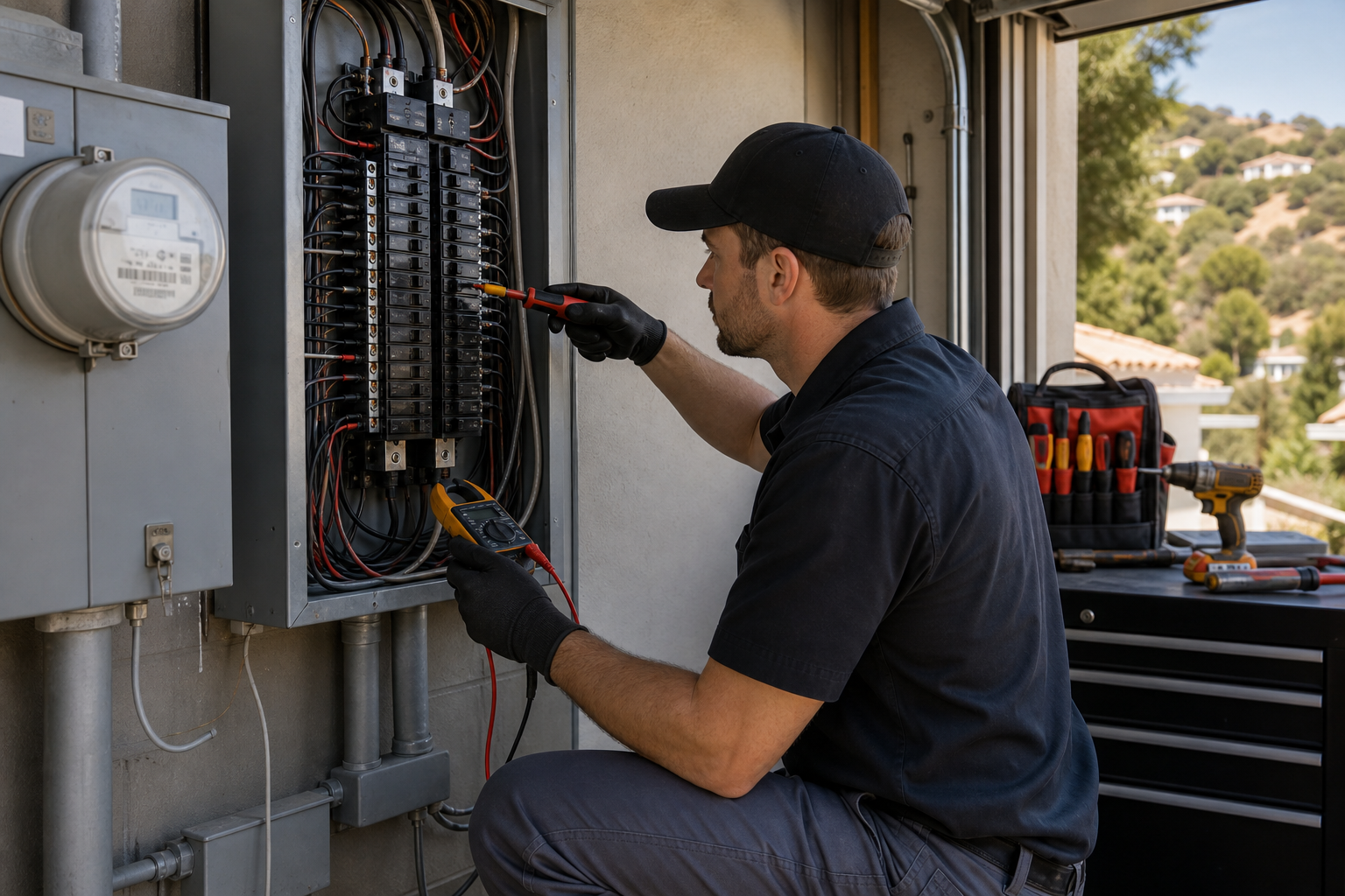 Electrician inspecting a residential electrical panel near Los Angeles foothill homes