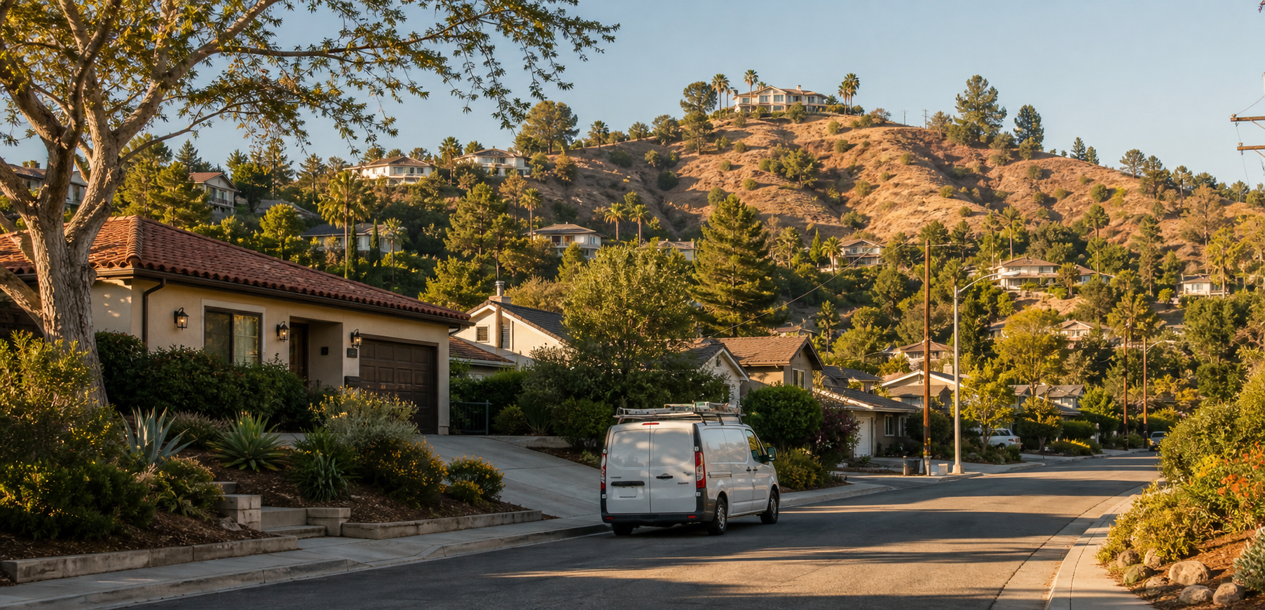 Los Angeles foothill neighborhood with hillside homes and a service vehicle